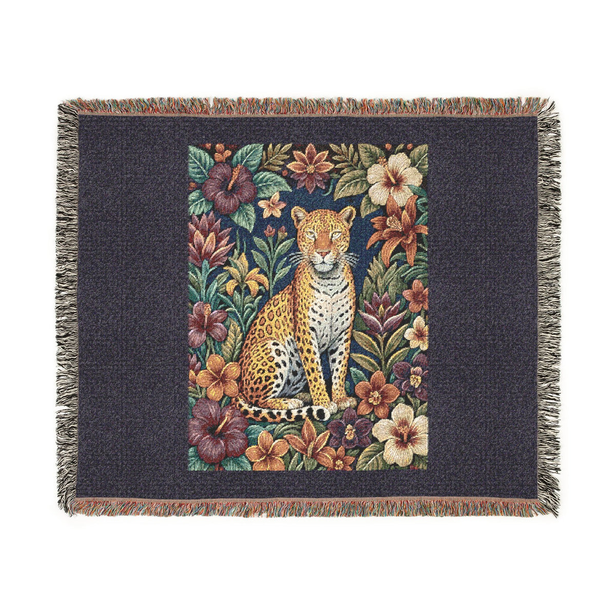Floral Leopard Tapestry Woven Blanket | Vintage Botanical Cat Motif