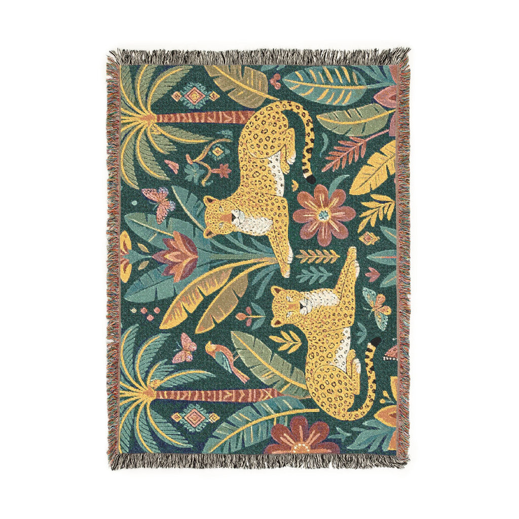 Tropical Leopard Tapestry woven blanket | jungle palm motif, floral tapestry throw