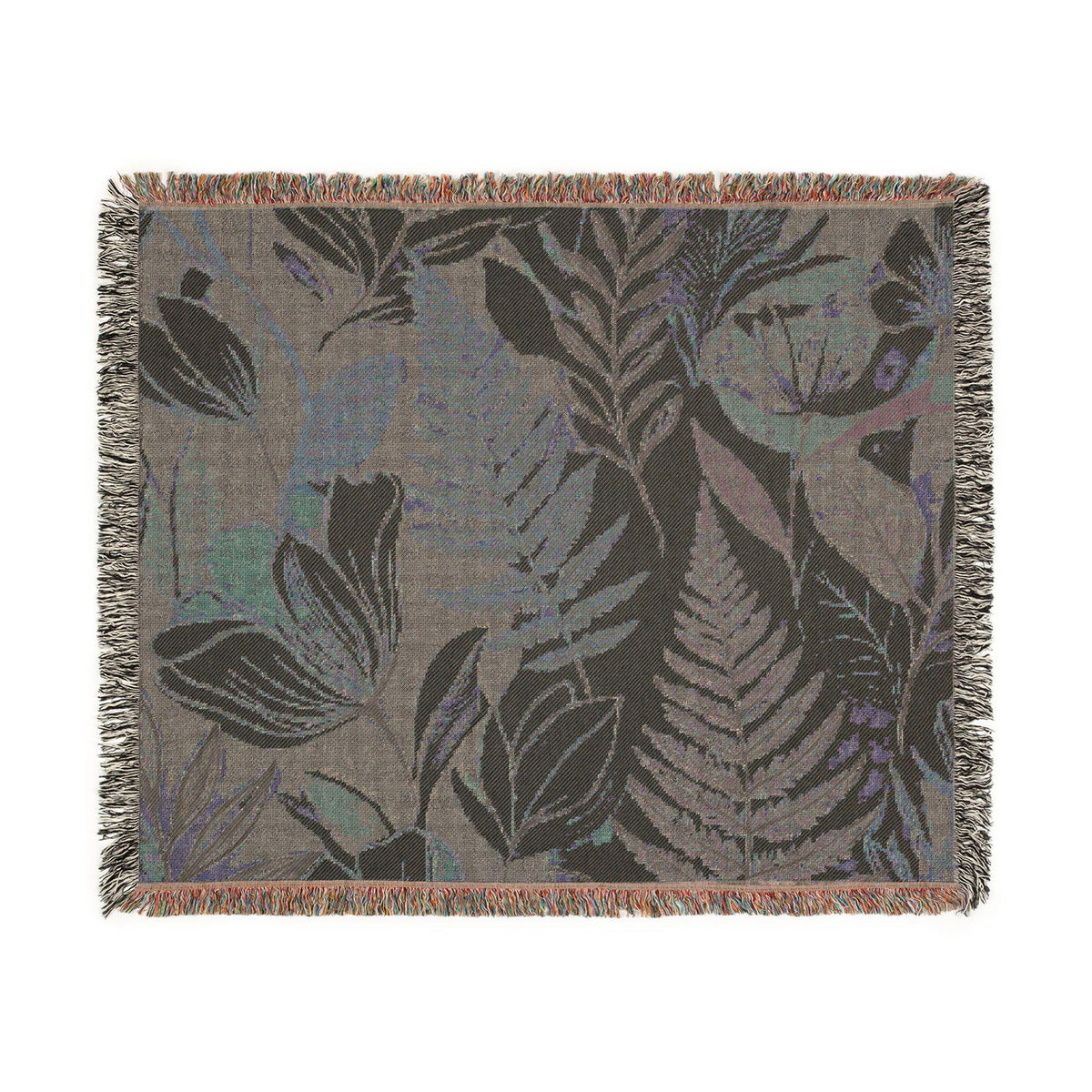 Modern Floral Fern Woven Blanket, Botanical Cotton Throw, Fringed Edges