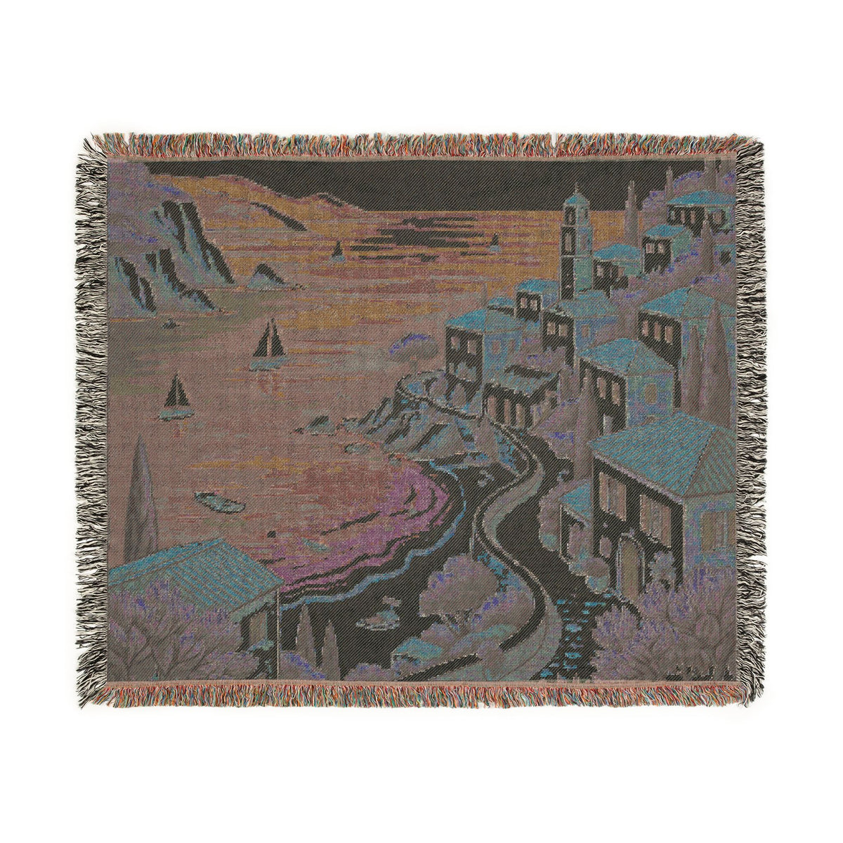 Mediterranean Coastal Village Woven Blanket | Seaside Tapestry Throw