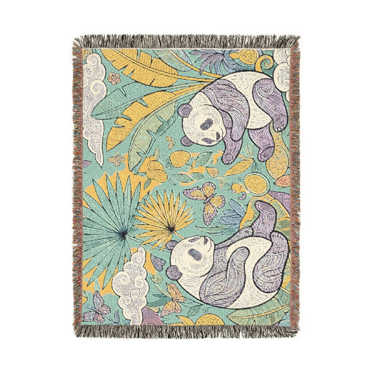 Panda Floral Tapestry Woven Blanket | Jungle Leaves, Sunflower Motif