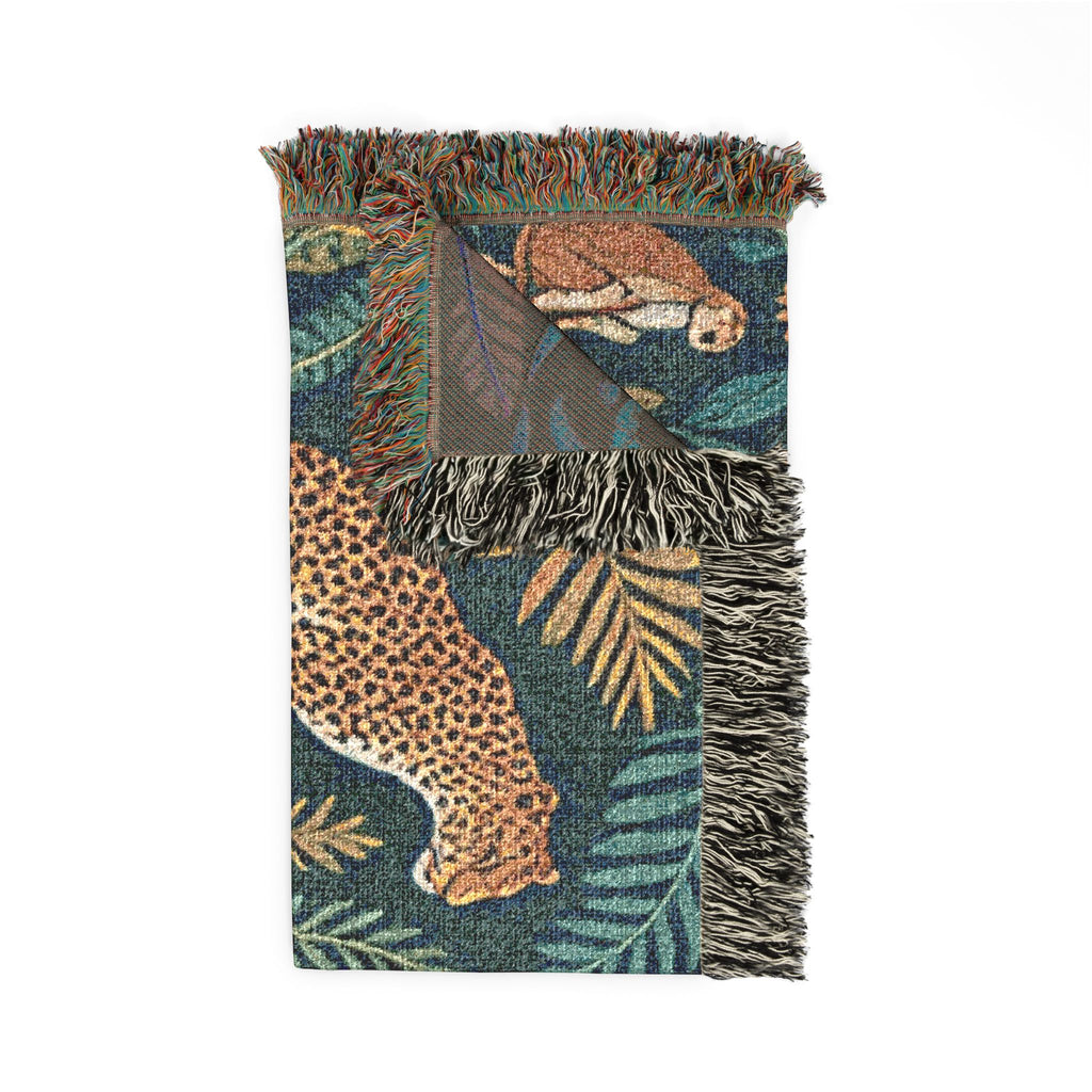 Tropical Leopard Jungle Woven Blanket | Botanical Throw, Tapestry Style