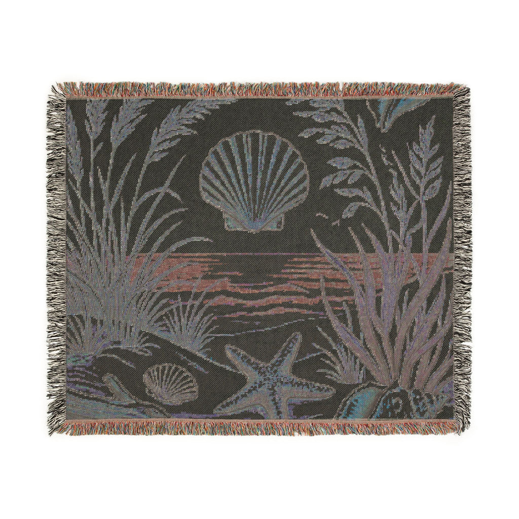 Seashell Beach Scene Woven Blanket | Coastal Ocean Tapestry Throw