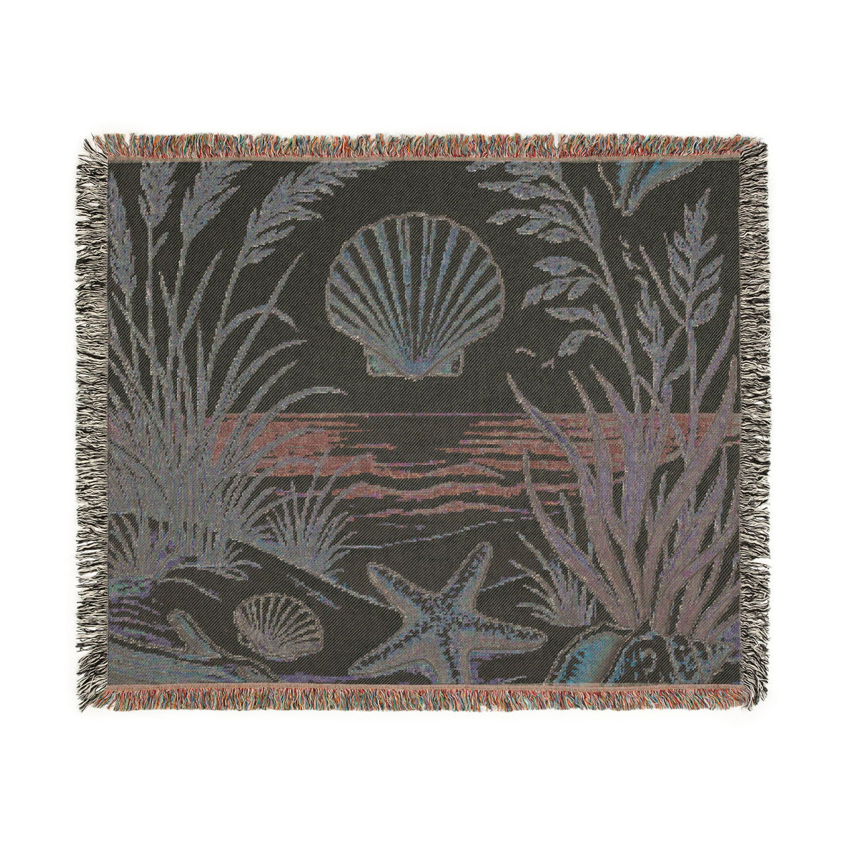 Seashell Beach Scene Woven Blanket | Coastal Ocean Tapestry Throw