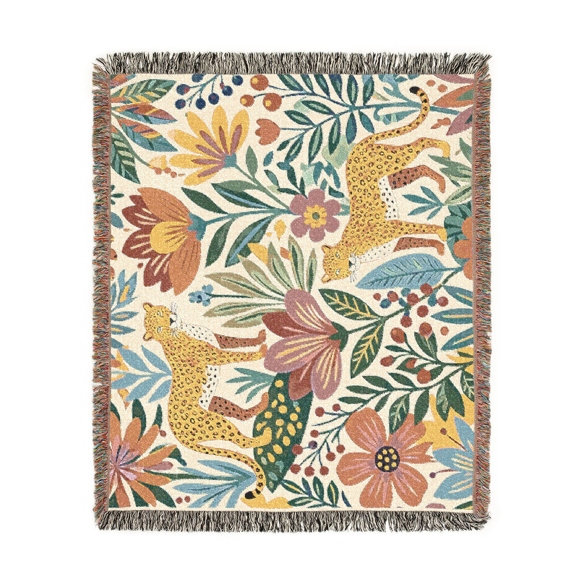 Floral Leopard Pattern Woven Blanket | Botanical Jungle Throw