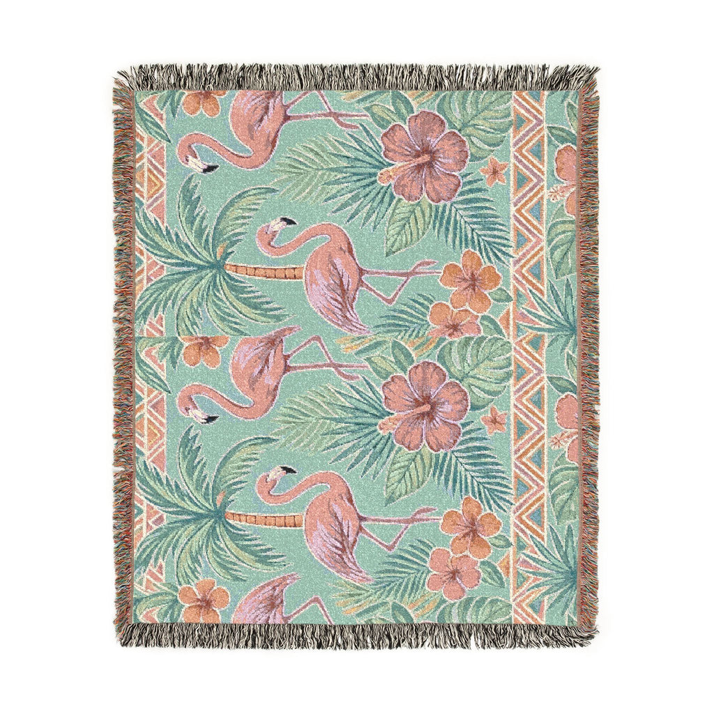 Tropical Flamingo Pattern Blanket | Woven Throw with Palm & Hibiscus