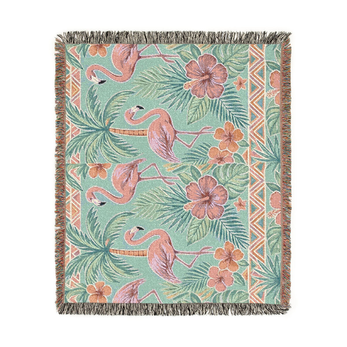 Tropical Flamingo Pattern Blanket | Woven Throw with Palm & Hibiscus
