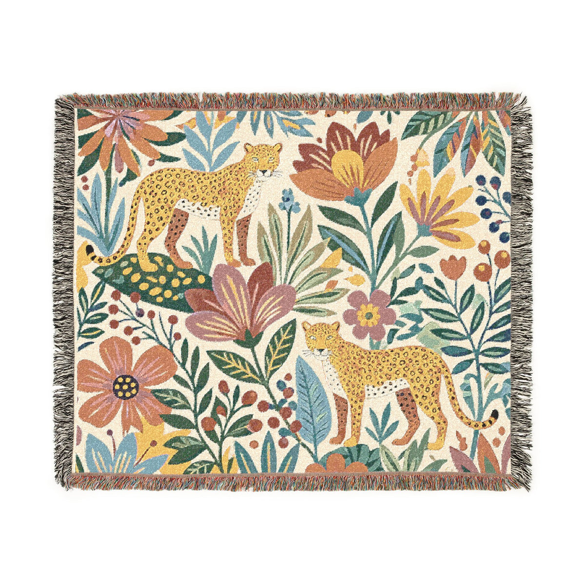 Floral Leopard Pattern Woven Blanket | Botanical Jungle Throw
