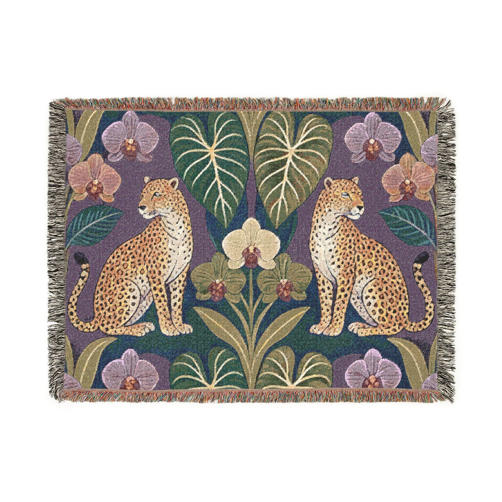 Leopard Botanical Woven Blanket | Tropical Leaves, Orchid Motif