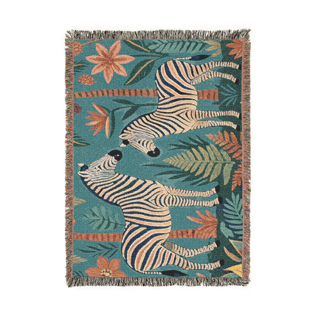 Zebra Jungle Illustration Woven Blanket | Animal Tapestry Throw