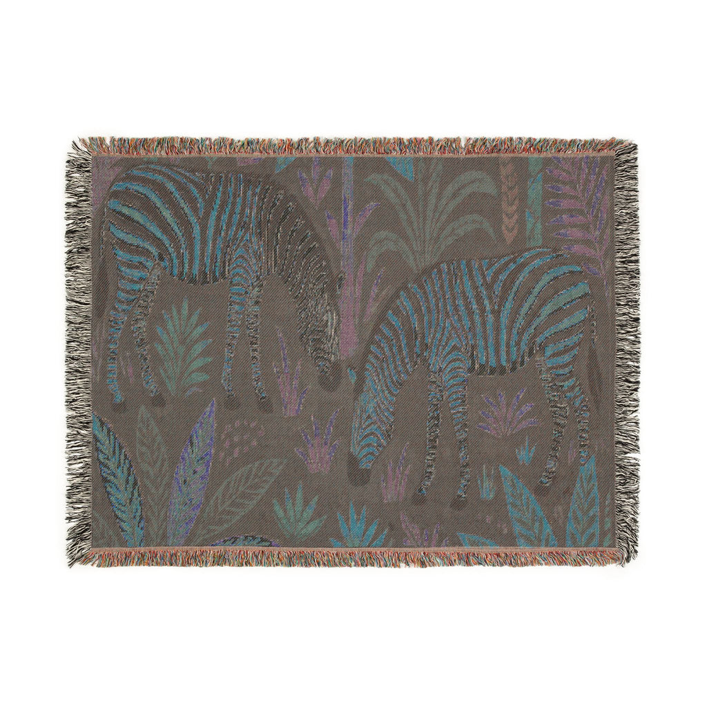Striped Zebra Jungle Woven Blanket | Animal Print Throw, Botanical Motif