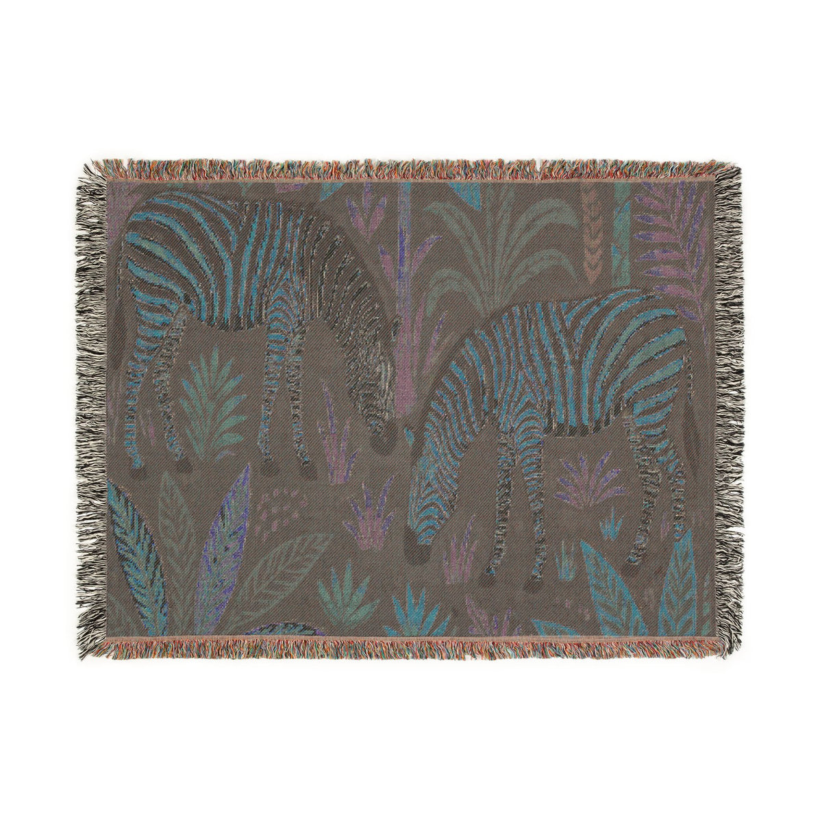 Striped Zebra Jungle Woven Blanket | Animal Print Throw, Botanical Motif
