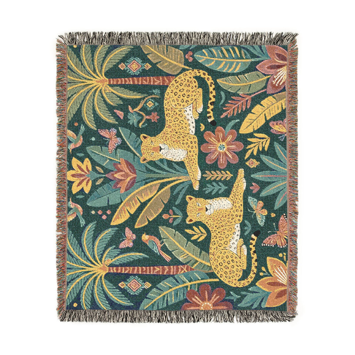 Tropical Leopard Tapestry woven blanket | jungle palm motif, floral tapestry throw