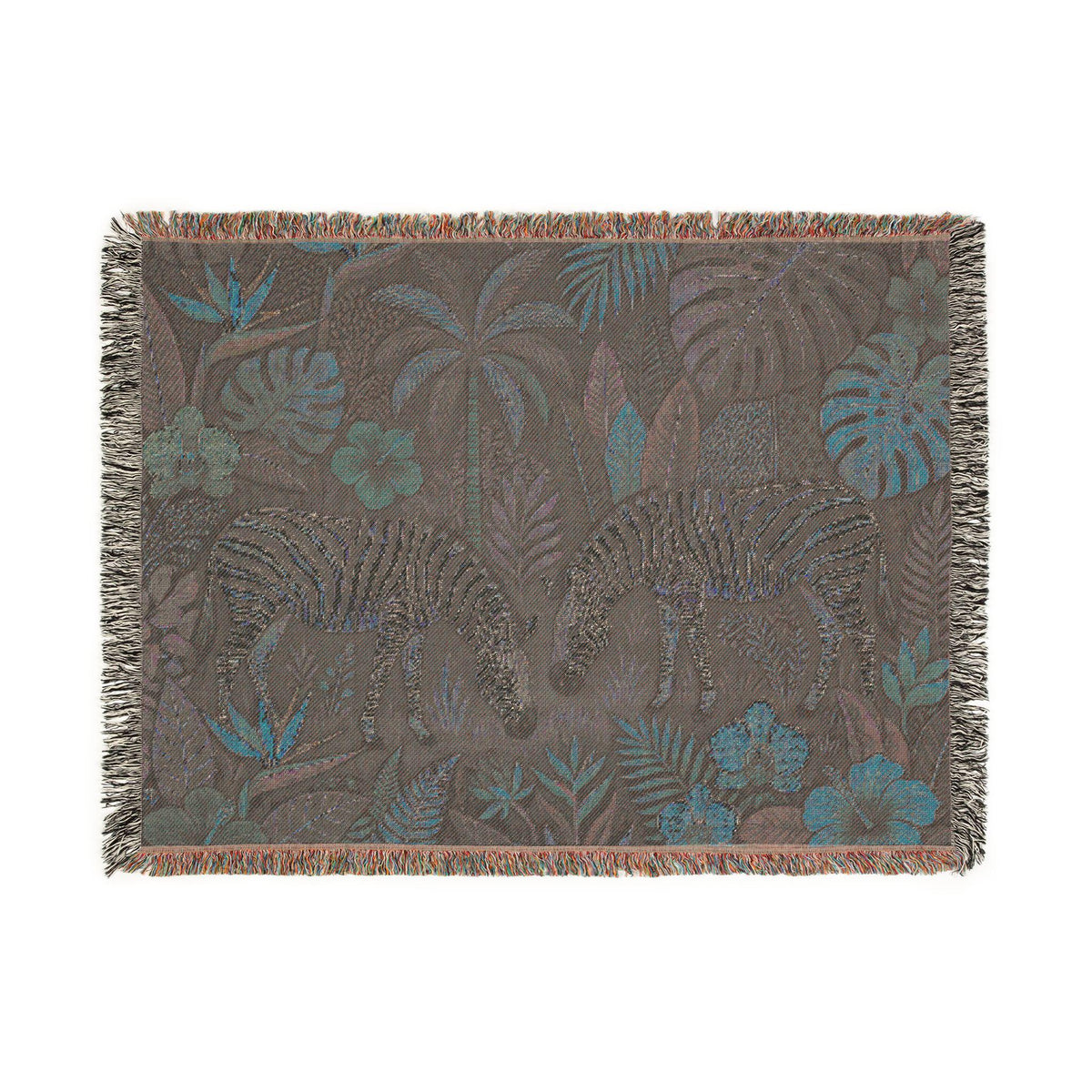 Tropical Zebra Jungle Woven Blanket | Botanical Palm Leaves, Floral Tapestry Throw
