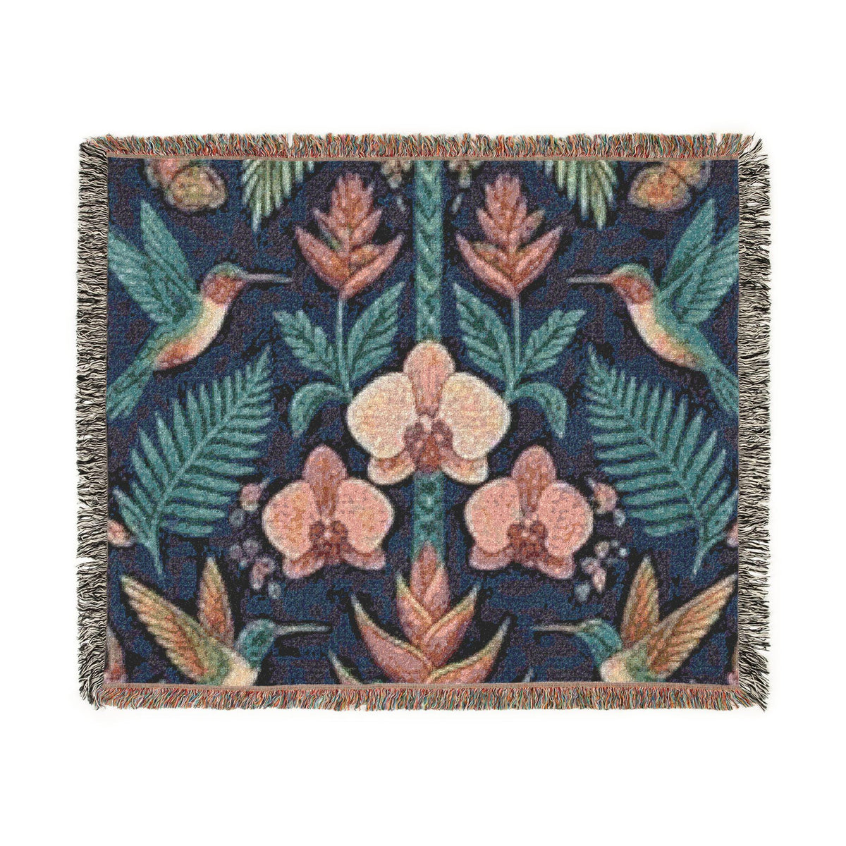 Hummingbird Floral Woven Blanket | Botanical Hummingbirds Throw