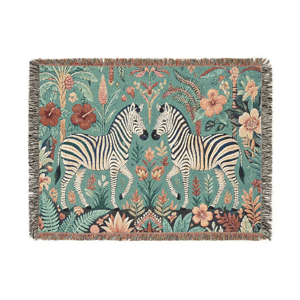 Zebra Botanical Tapestry Blanket | Woven Fringe Throw, Floral Safari Decor