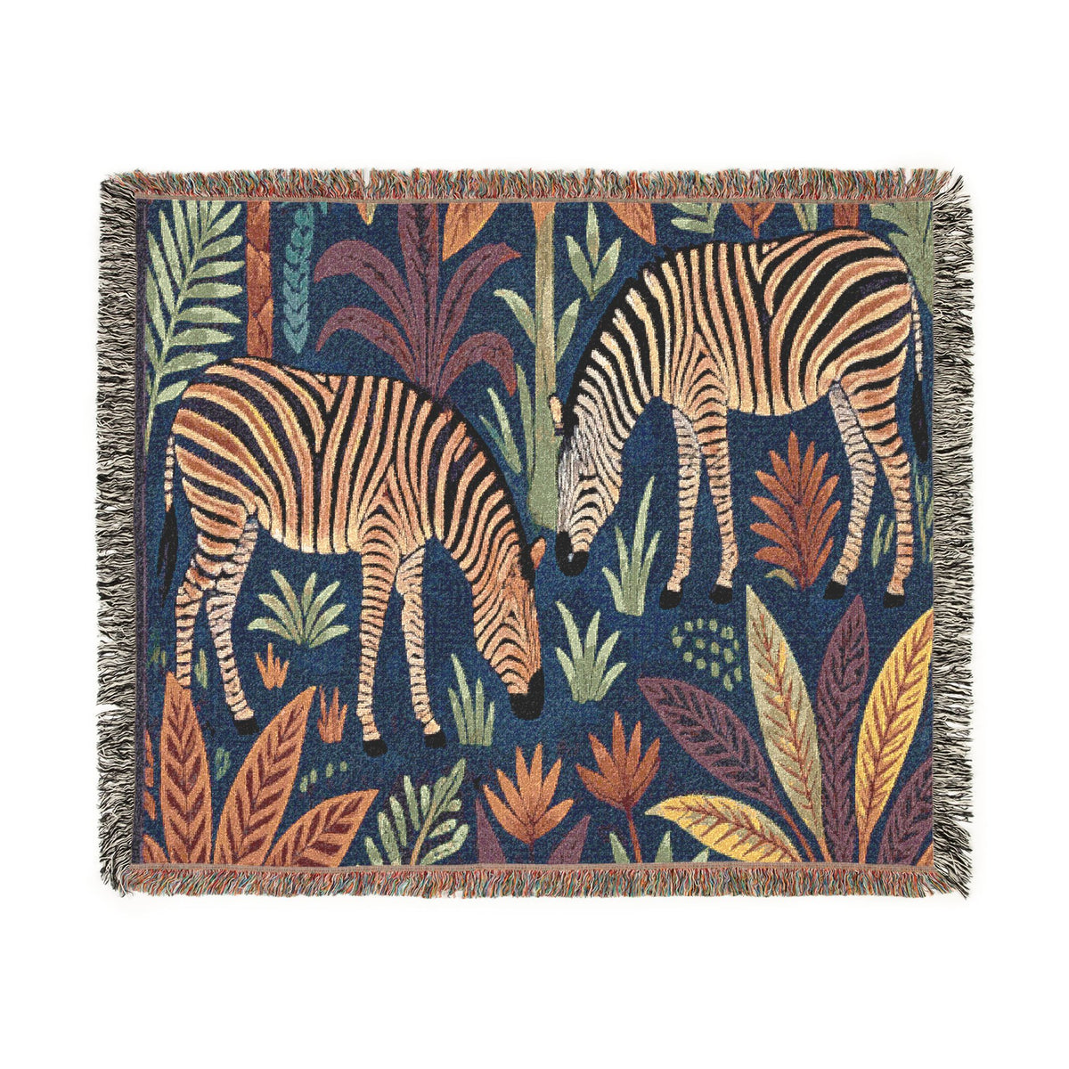 Striped Zebra Jungle Woven Blanket | Animal Print Throw, Botanical Motif