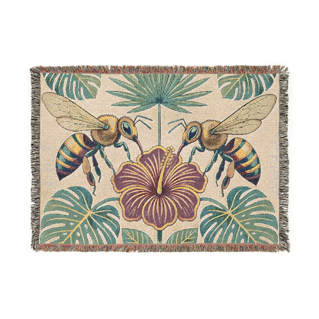 Hibiscus and Bees Woven Blanket | Tropical Floral Throw