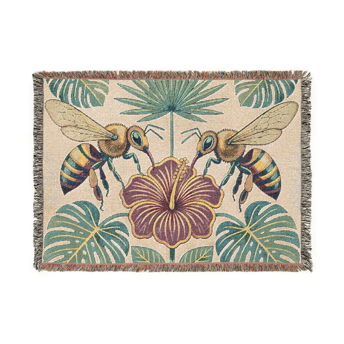 Hibiscus and Bees Woven Blanket | Tropical Floral Throw