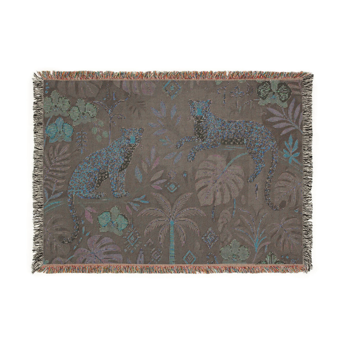 Jungle Leopard Tapestry Woven Blanket | Tropical Foliage Throw