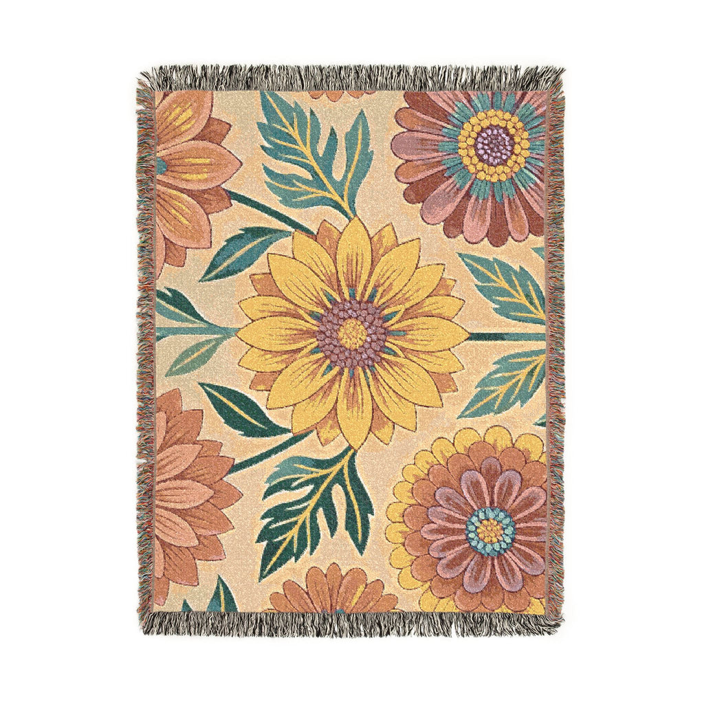 Sunflower and Dahlia floral Woven Blanket | boho floral throw tapestry