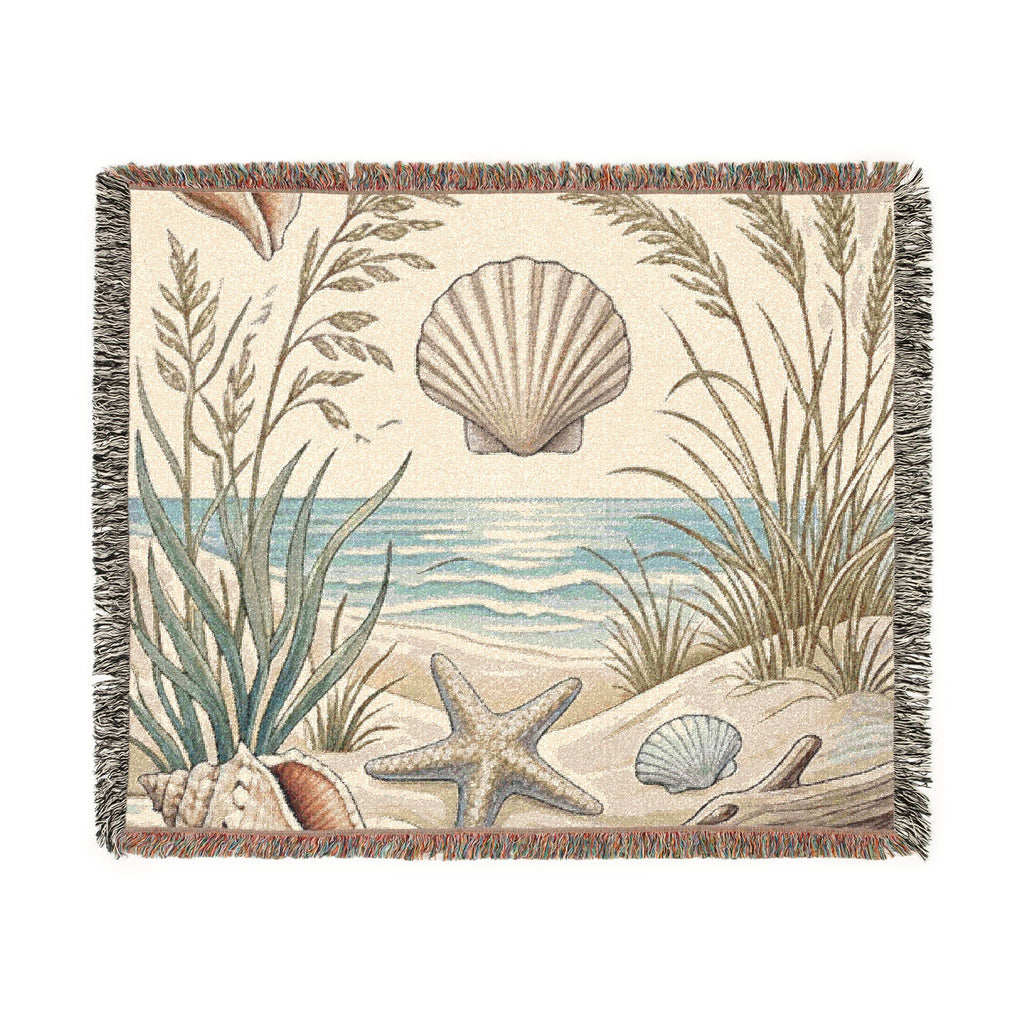 Seashell Beach Scene Woven Blanket | Coastal Ocean Tapestry Throw