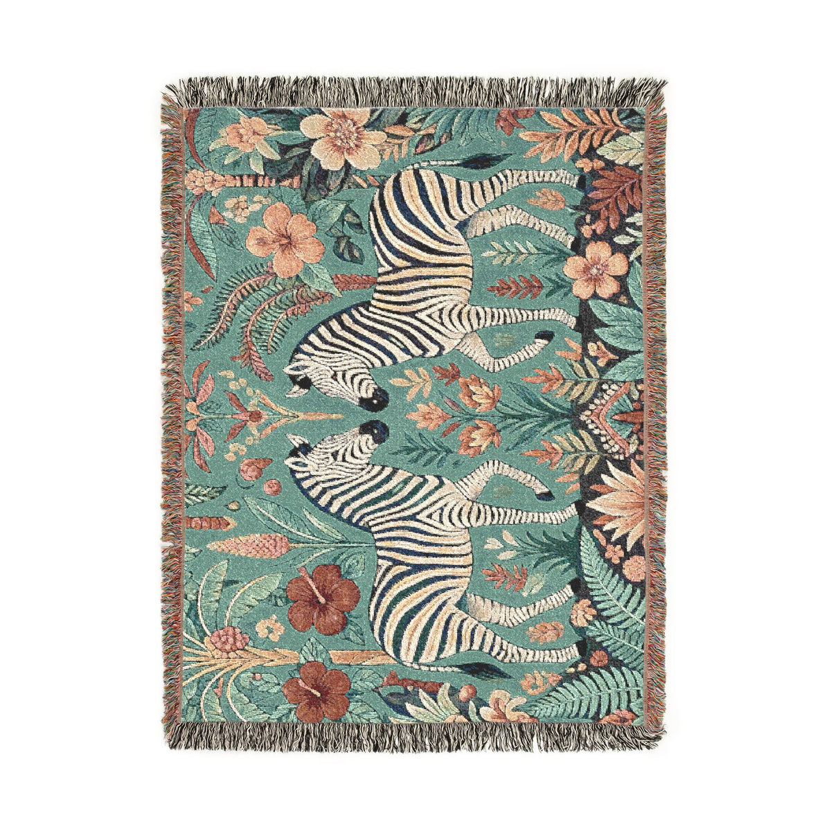 Zebra Botanical Tapestry Blanket | Woven Fringe Throw, Floral Safari Decor
