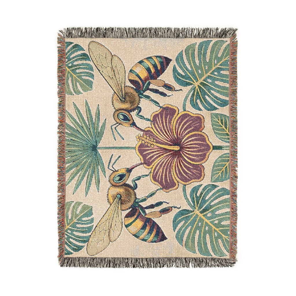 Hibiscus and Bees Woven Blanket | Tropical Floral Throw