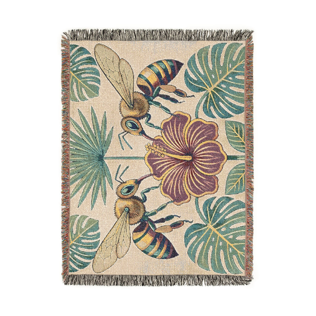Hibiscus and Bees Woven Blanket | Tropical Floral Throw