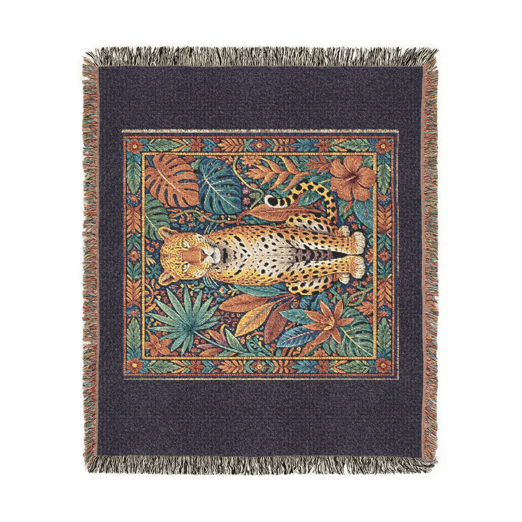 Vintage Mosaic Cheetah Woven Blanket | Jungle Leaves Tapestry Throw