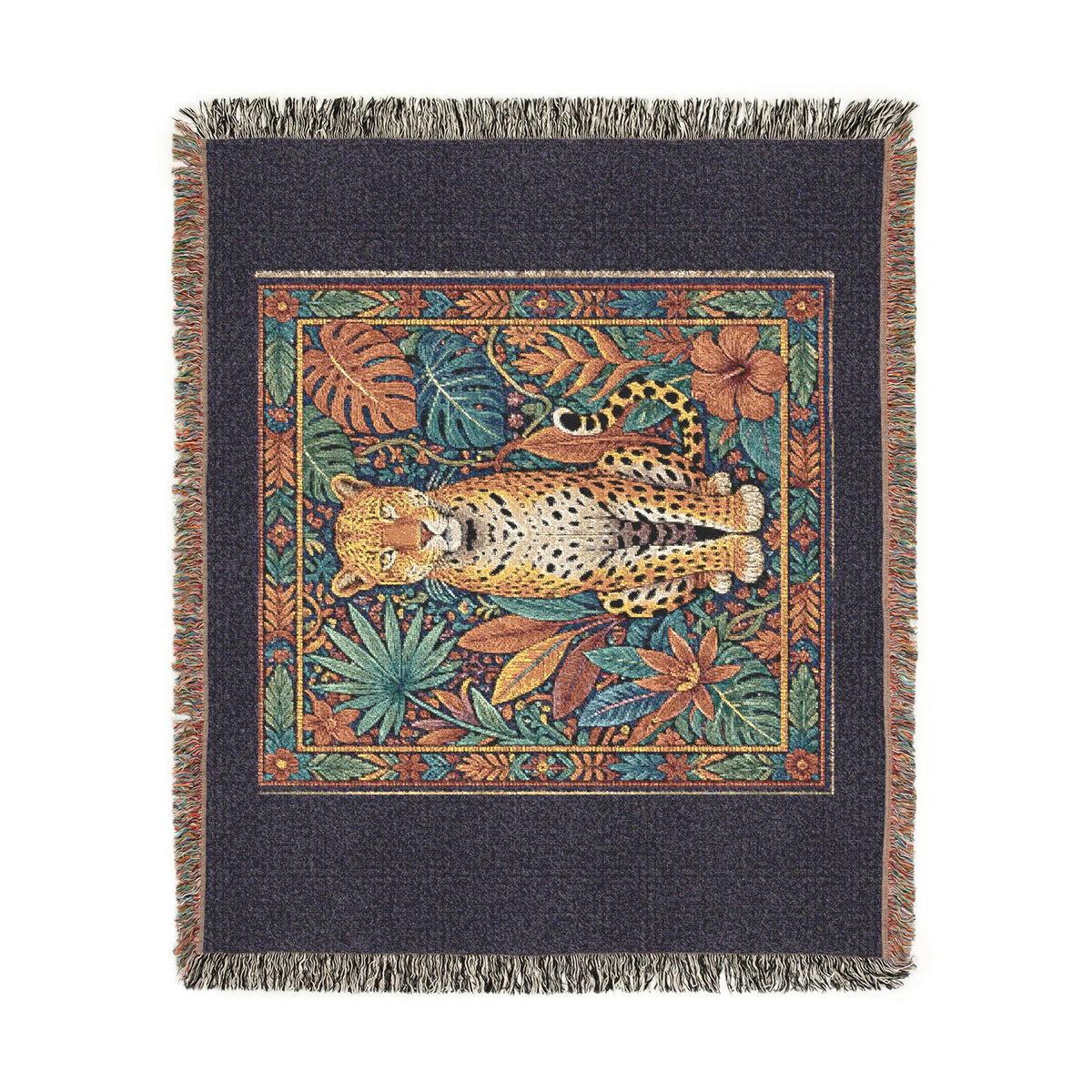 Vintage Mosaic Cheetah Woven Blanket | Jungle Leaves Tapestry Throw