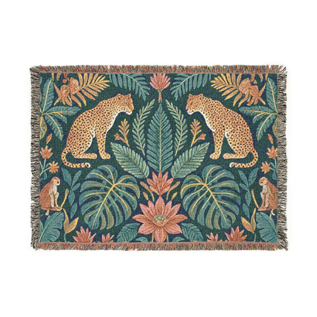 Tropical Leopard Jungle Woven Blanket | Botanical Throw, Tapestry Style