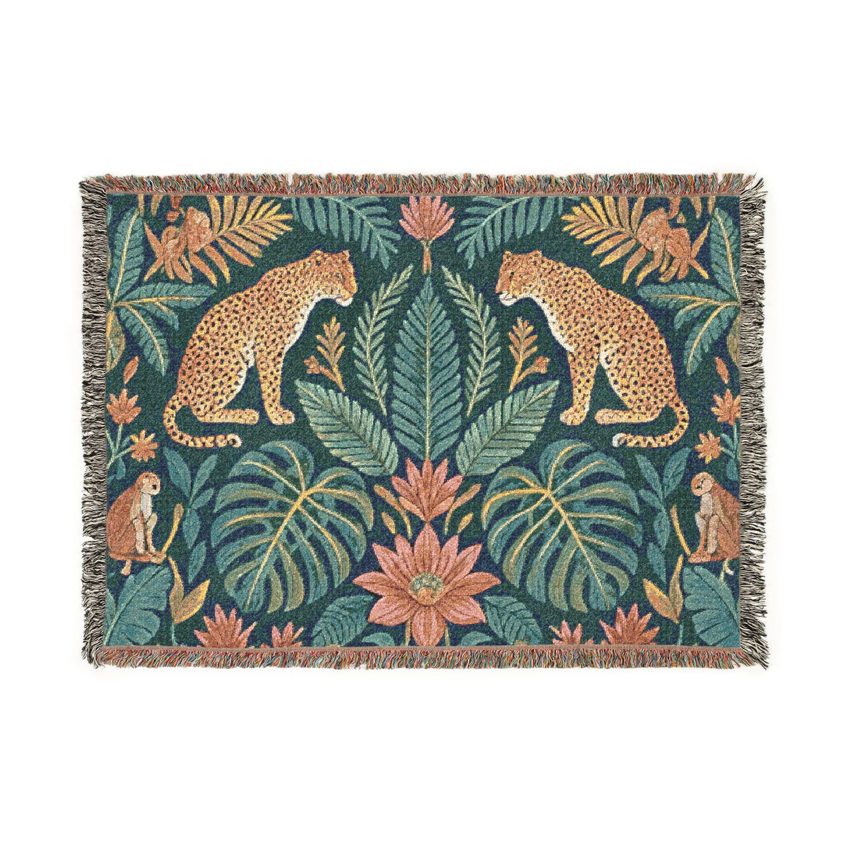 Tropical Leopard Jungle Woven Blanket | Botanical Throw, Tapestry Style
