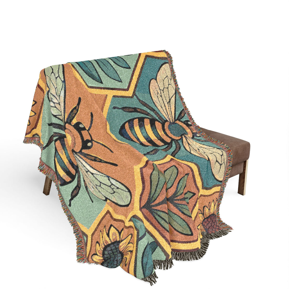 Bee and Sunflower Hexagon Woven Blanket | Honeybee Tapestry Throw