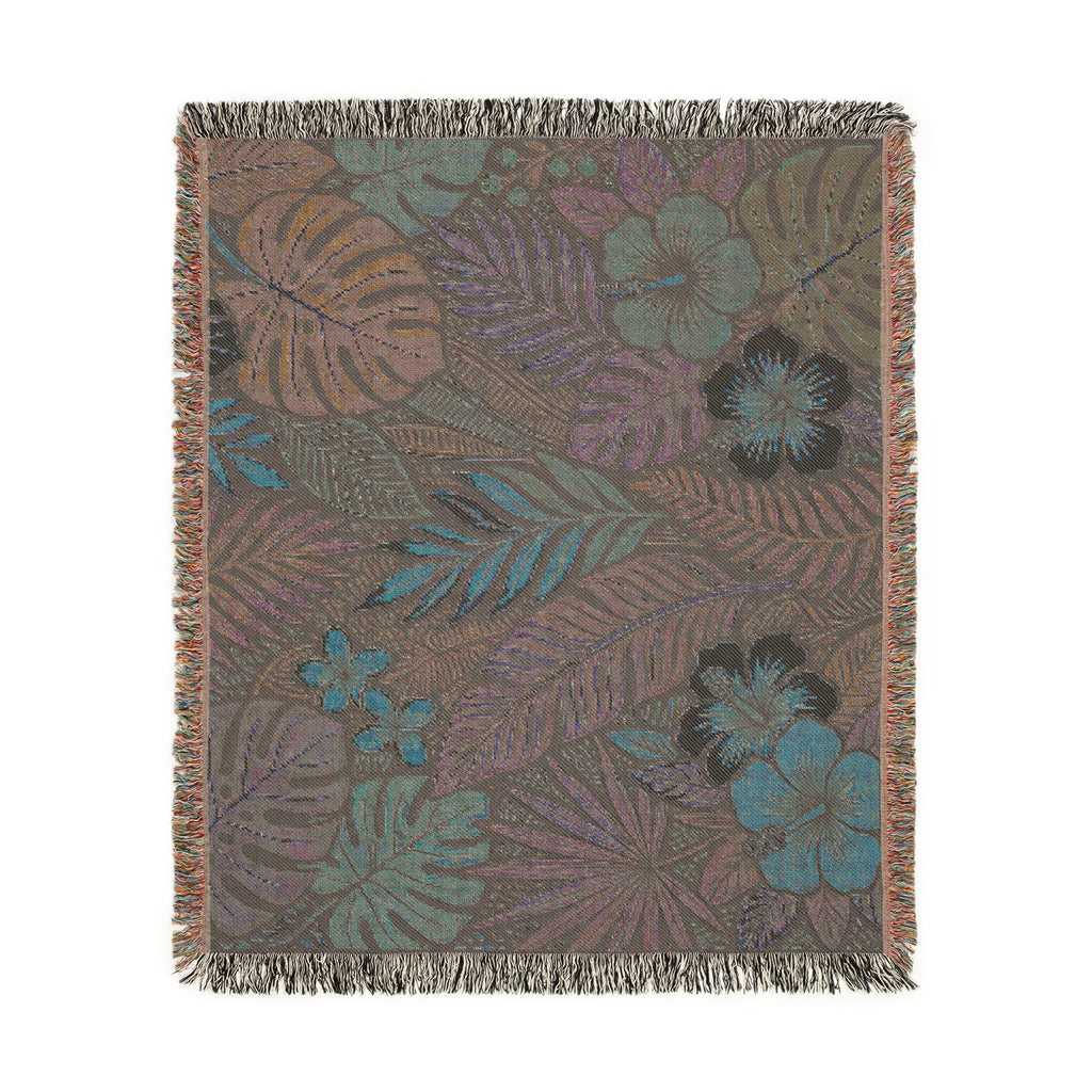 Tropical Floral Woven Blanket | Botanical Leaves Hibiscus Throw