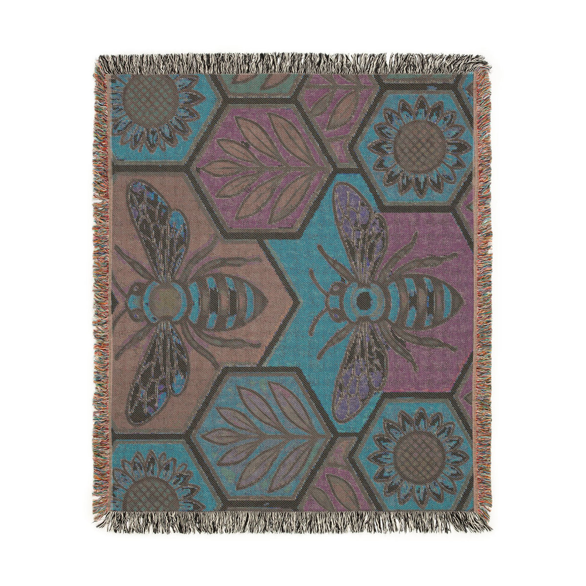Bee and Sunflower Hexagon Woven Blanket | Honeybee Tapestry Throw