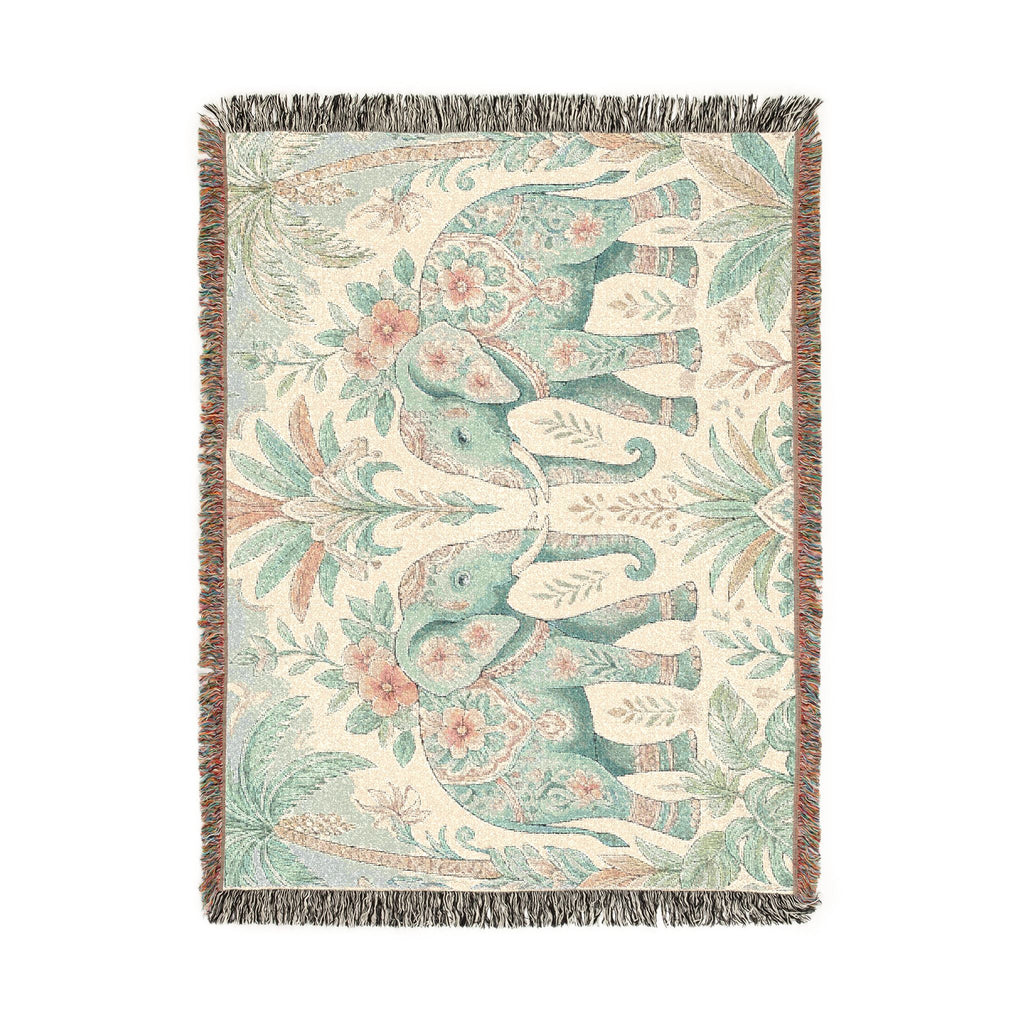 Boho Elephant Tapestry Woven Blanket | Palm Tree Floral Pattern