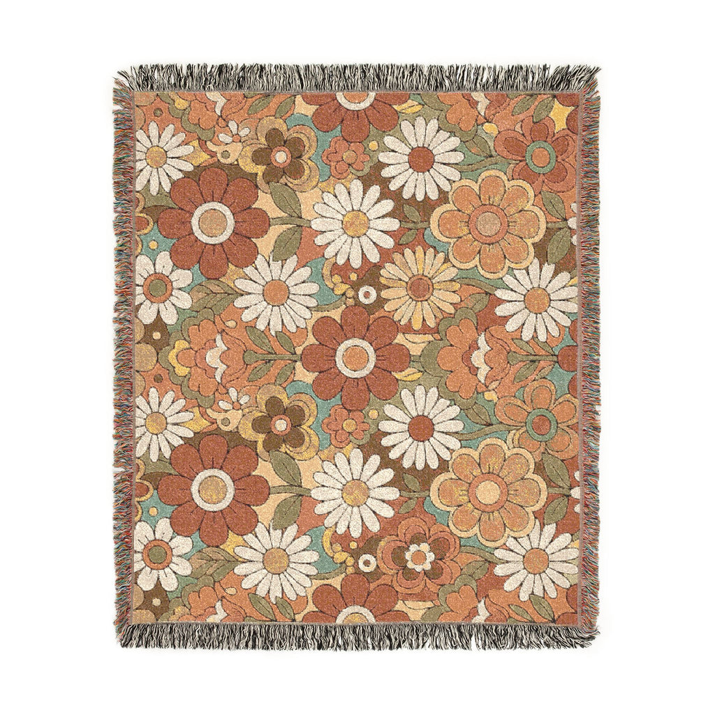 Retro Floral Woven Blanket | Vintage Flower Pattern Throw