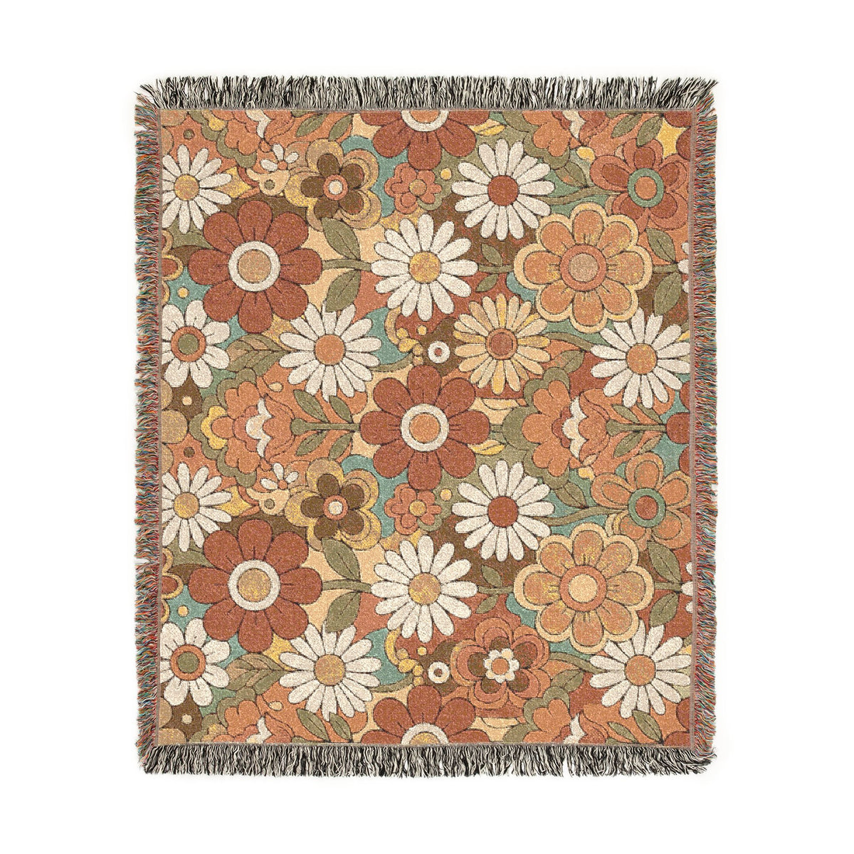 Retro Floral Woven Blanket | Vintage Flower Pattern Throw