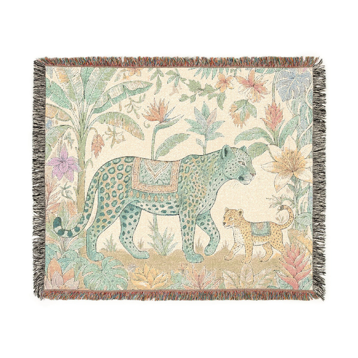 Leopard & Cub Floral Tapestry Woven Blanket | Boho Jungle Animal Throw