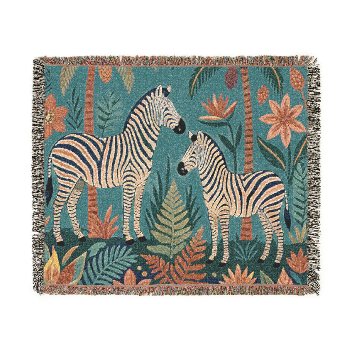 Zebra Jungle Illustration Woven Blanket | Animal Tapestry Throw