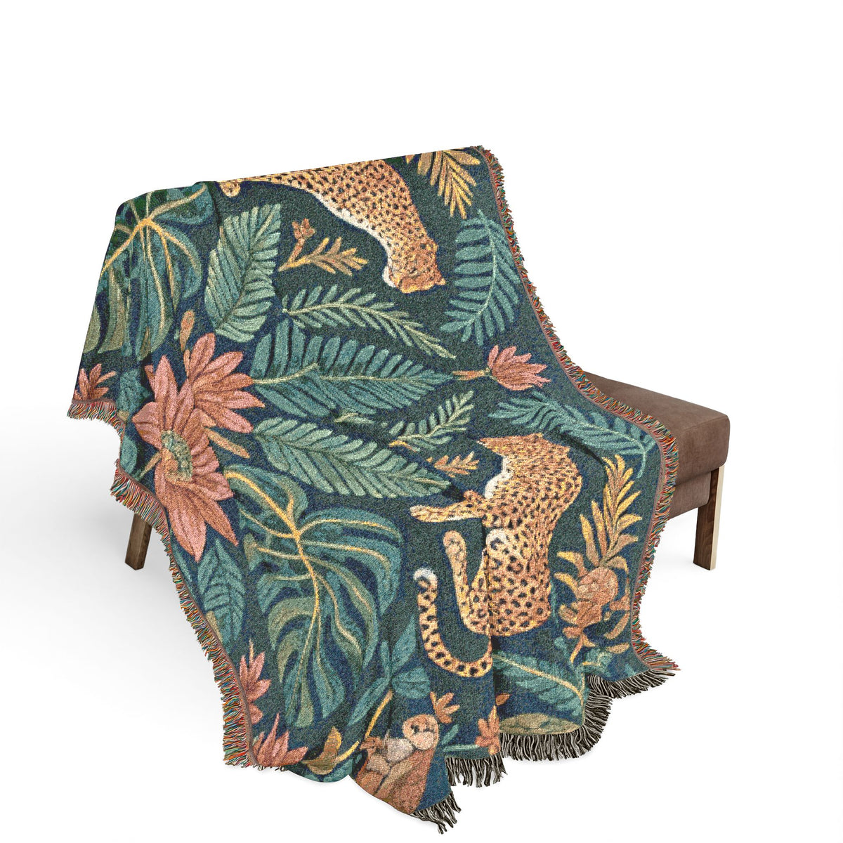 Tropical Leopard Jungle Woven Blanket | Botanical Throw, Tapestry Style