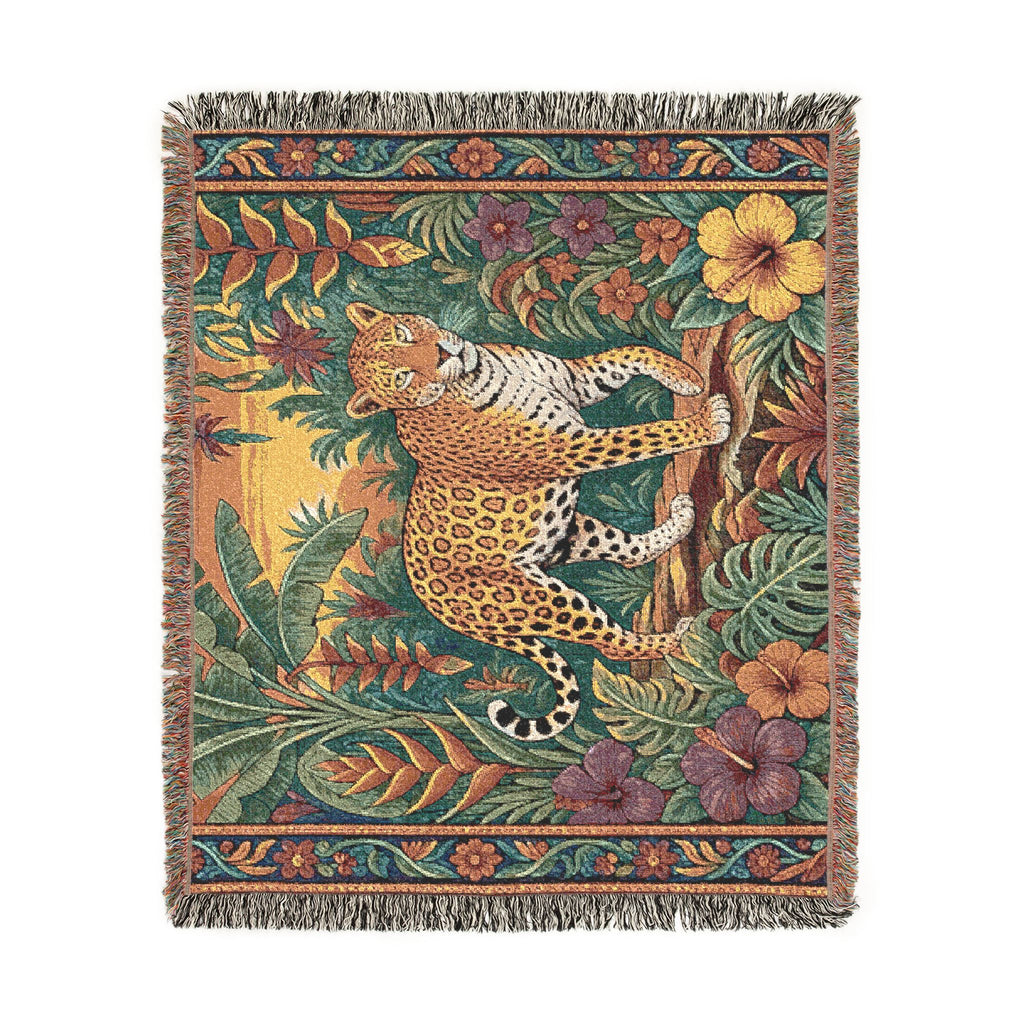 Jungle Leopard Woven Blanket | Tropical Floral Tapestry Throw