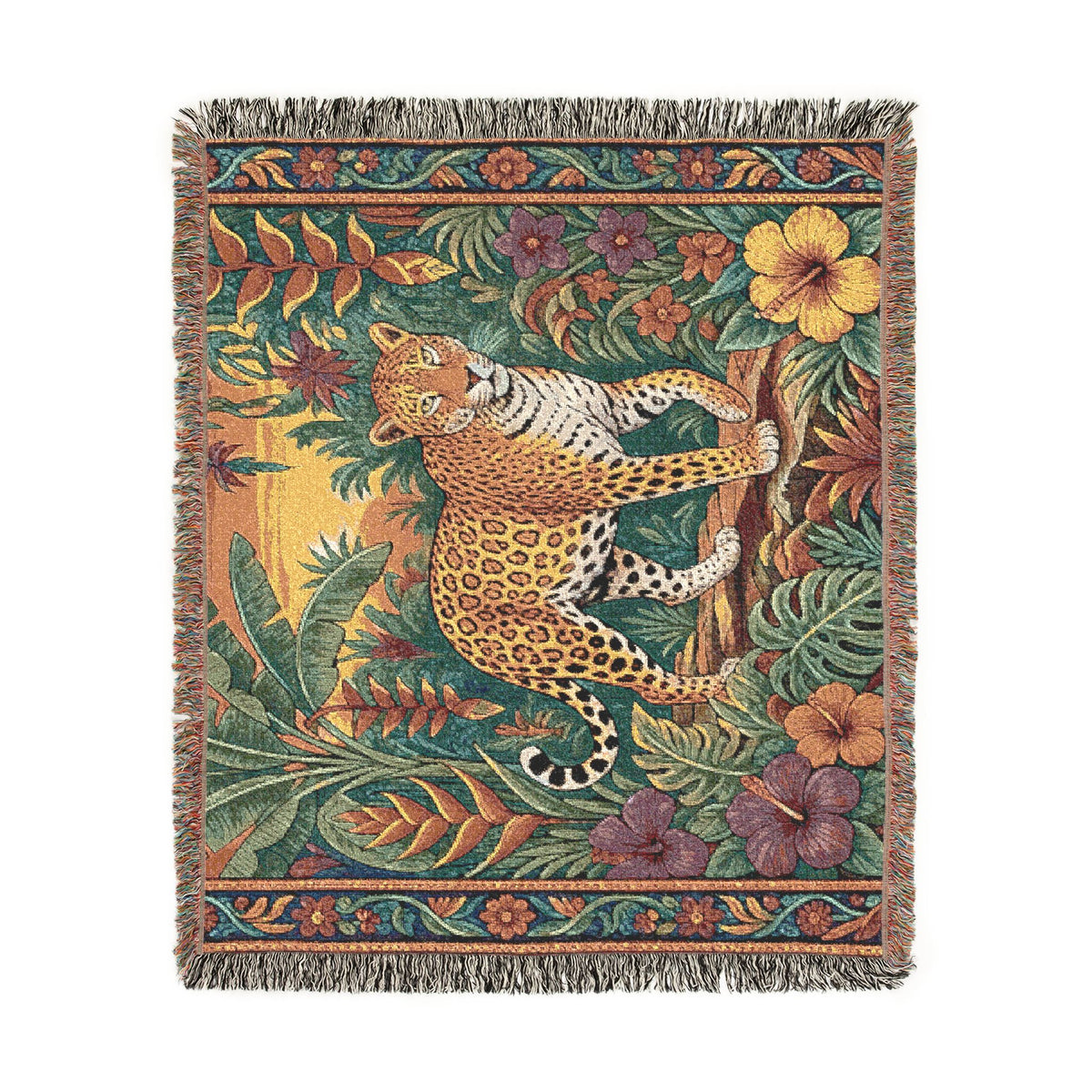 Jungle Leopard Woven Blanket | Tropical Floral Tapestry Throw