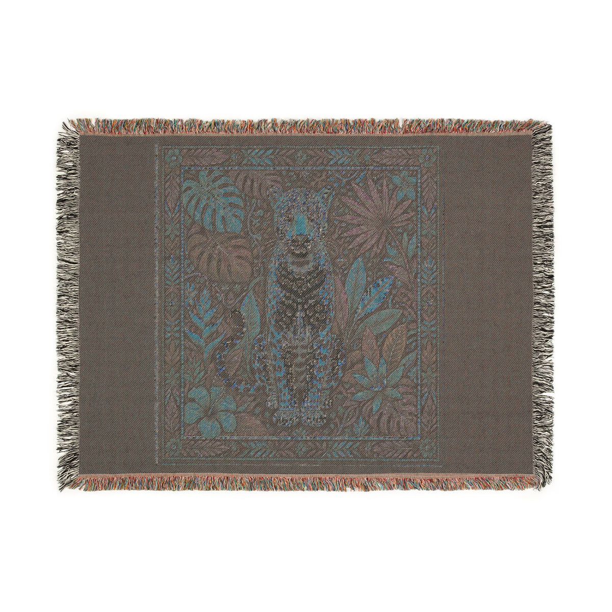Vintage Mosaic Cheetah Woven Blanket | Jungle Leaves Tapestry Throw