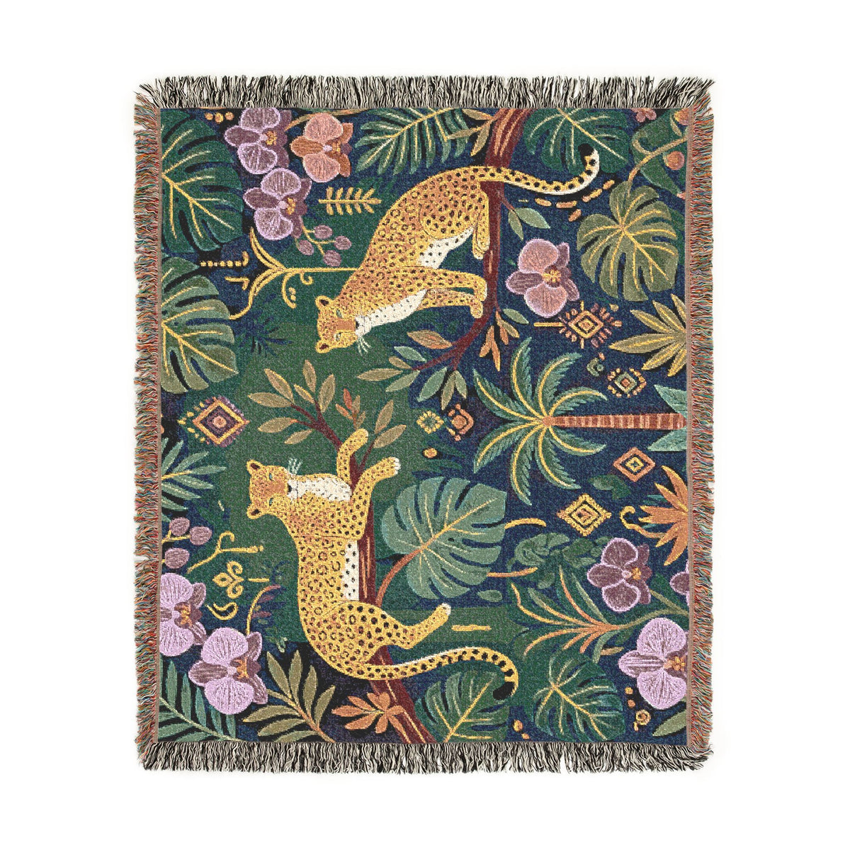 Jungle Leopard Tapestry Woven Blanket | Tropical Foliage Throw