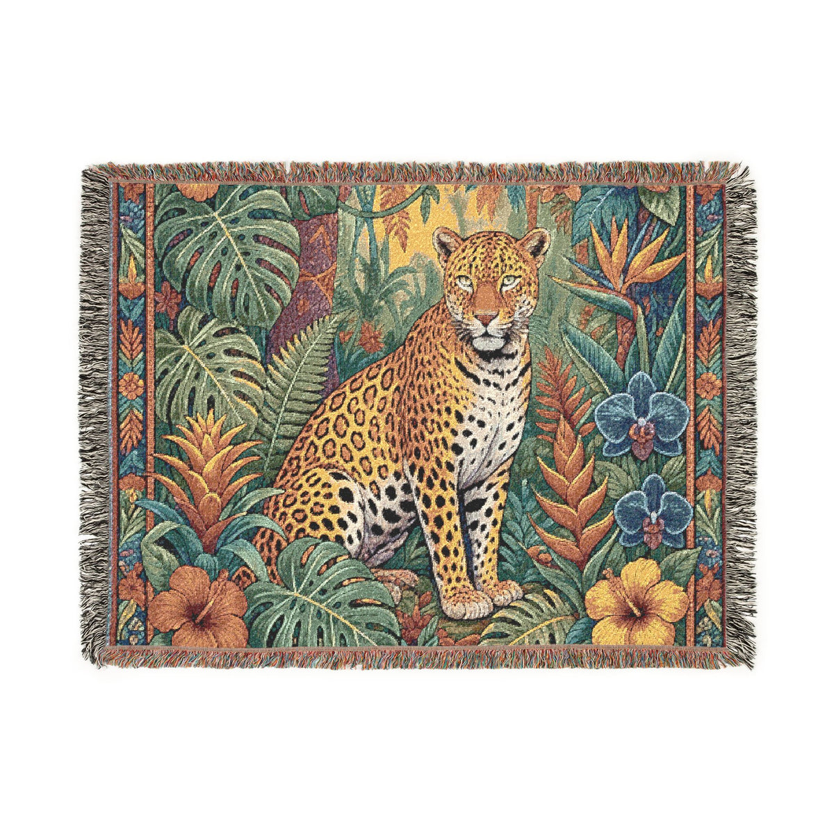 Jungle Leopard Woven Blanket | Tropical Animal Tapestry Throw