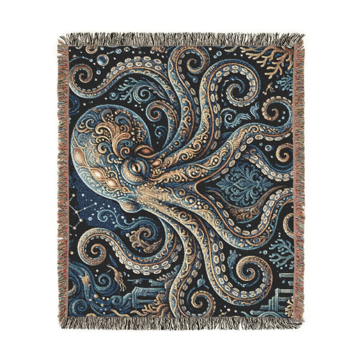 Vintage Octopus Tapestry Woven Blanket | Nautical Sea Creature Throw