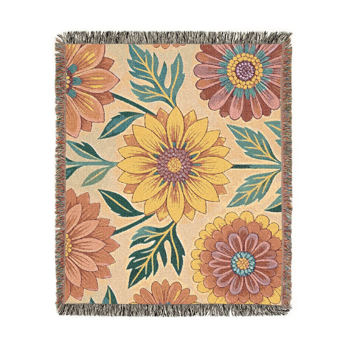 Sunflower and Dahlia floral Woven Blanket | boho floral throw tapestry