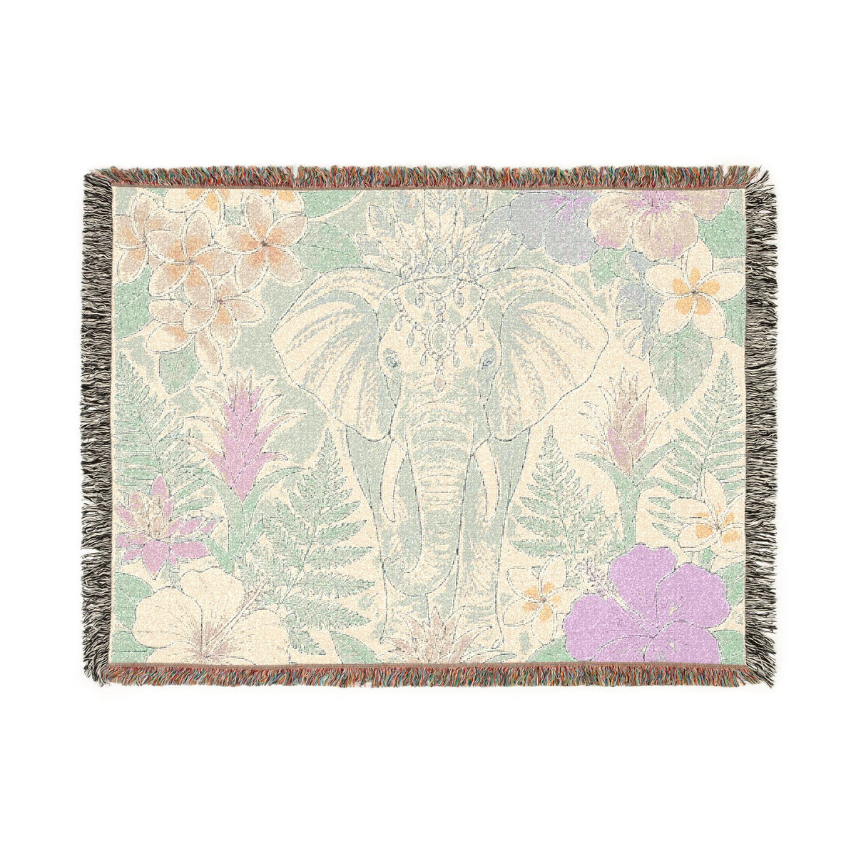 Floral Elephant Woven Blanket | Pastel Boho Jungle Throw
